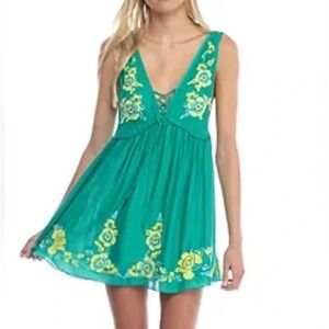 Free People Aida Embroidered‎ Floral Mini Dress S Green Boho Festival Chic